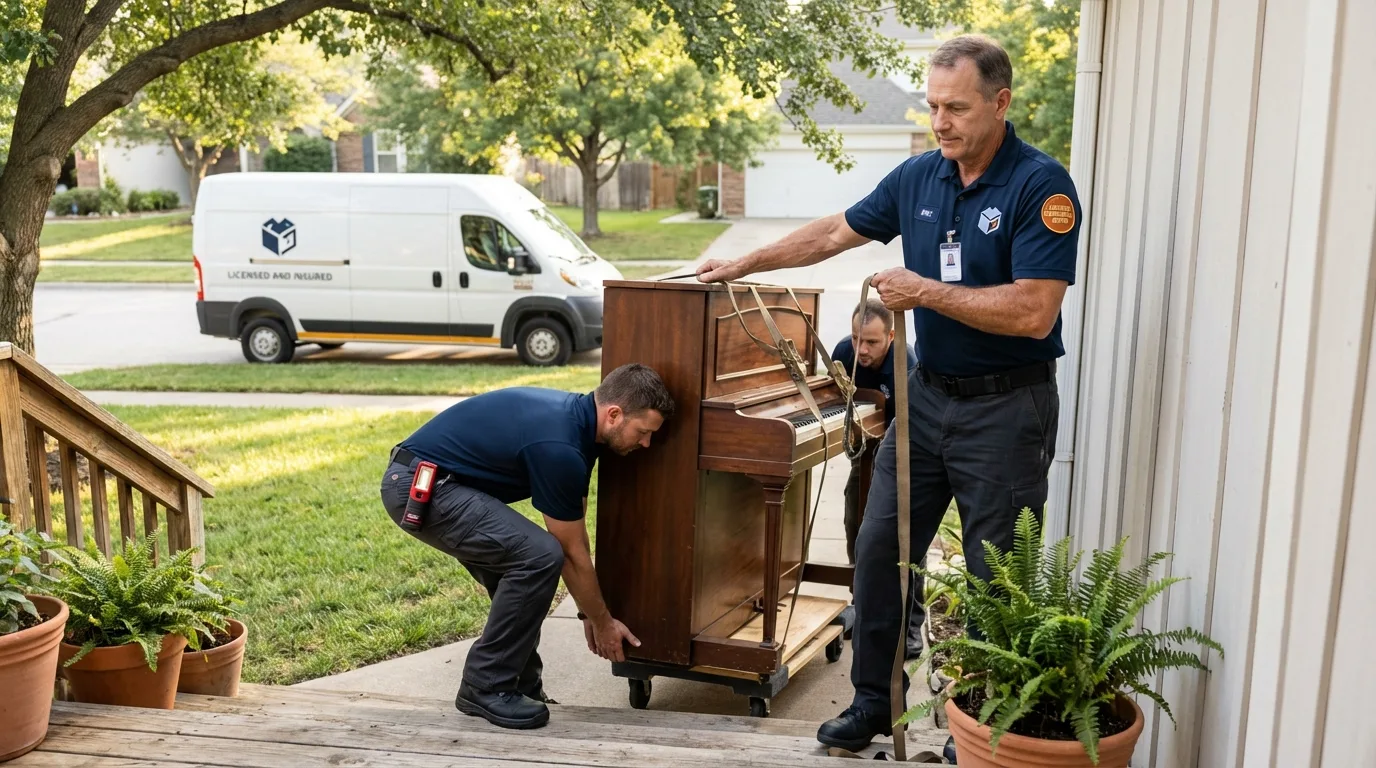 Licensed piano movers securing grand piano in Oldsmar, FL