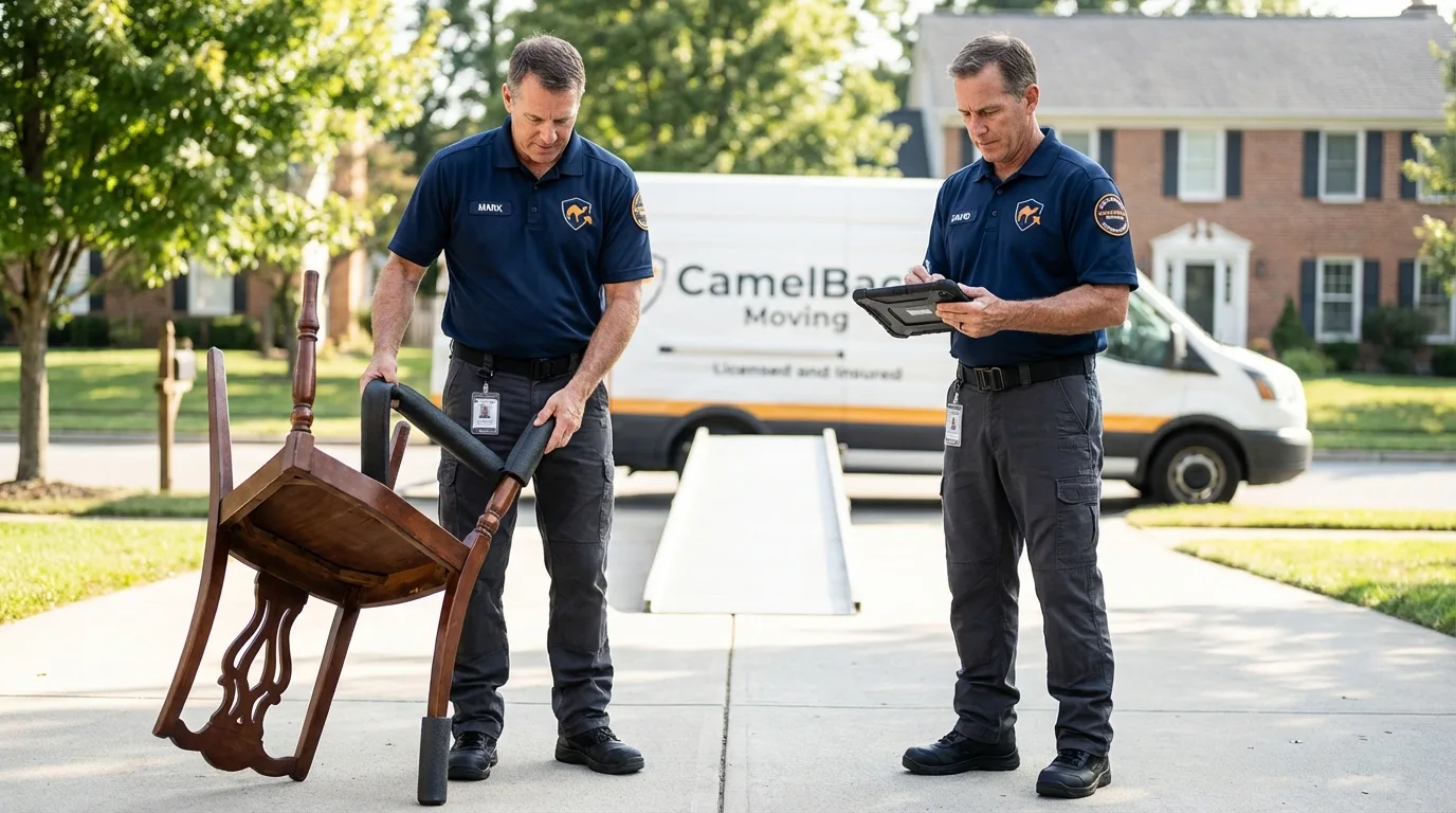 Movers inspecting furniture for damage prevention before loading in Oldsmar, FL